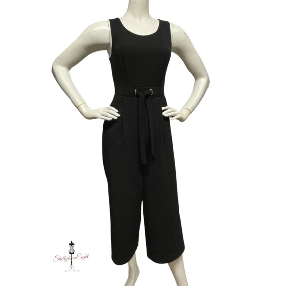 Rachel Zoe | Black Jumpsuit Crop Wide Leg Pants Stretch Grommet Tie Waist Size 6 - Picture 8 of 15